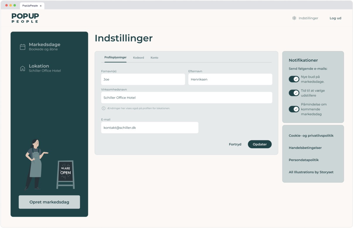 Location settings page profile tab showing fields for contact name, company name, and email, with notification toggles and policy links in the sidebar.